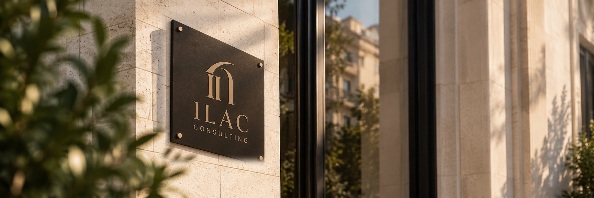 Placă de alamă ILAC Consulting pe fațada unei clădiri din București