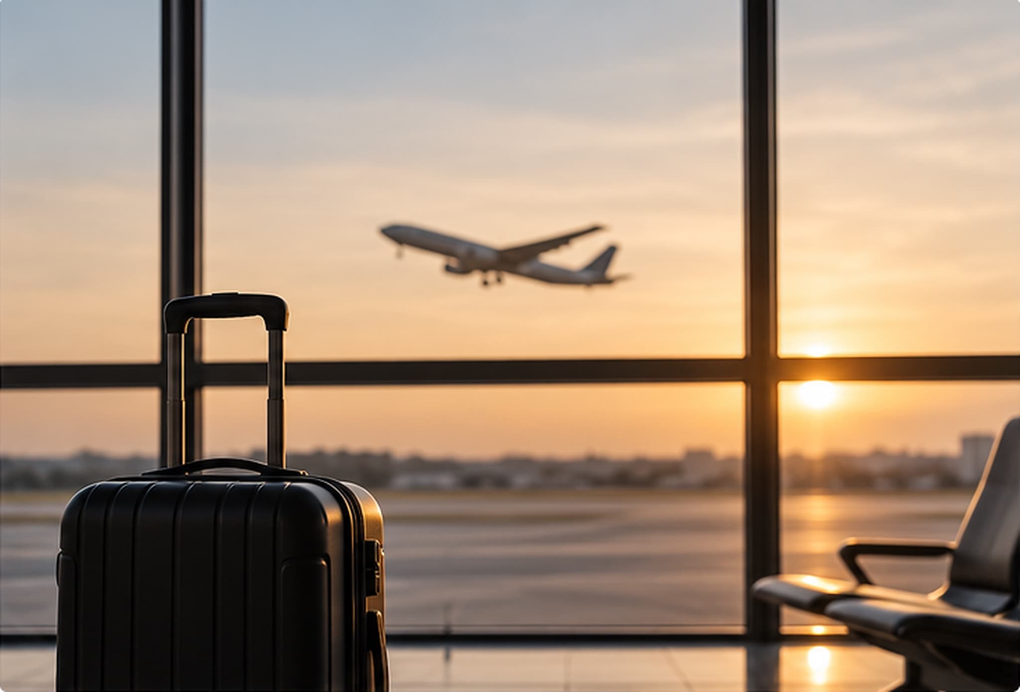 Valiză în aeroport, avion la decolare